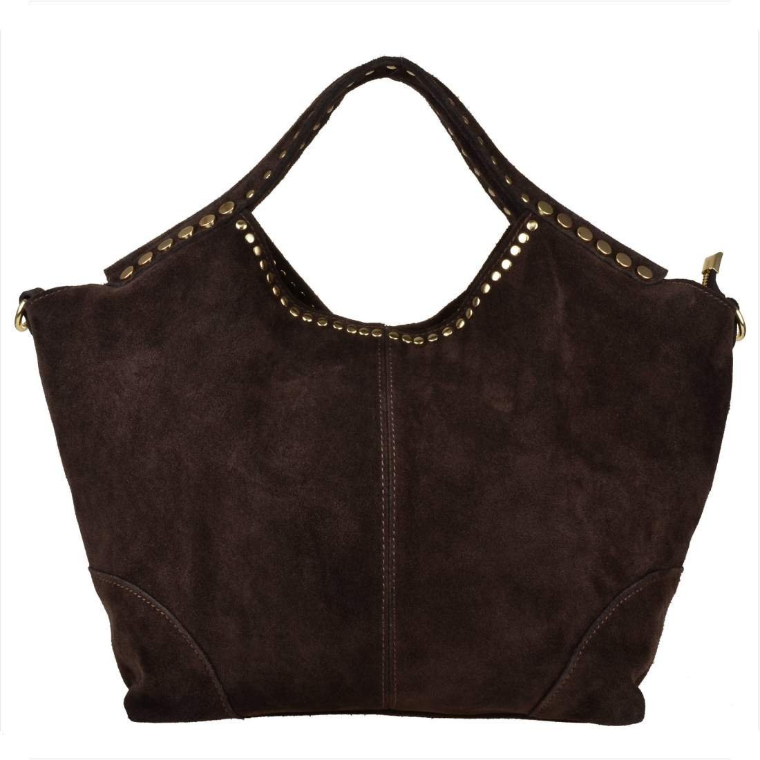 Borse in Pelle Torebka shopper brąz czekolada z ćwiekami skóra nat zamszowa