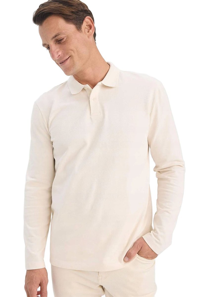 DEFACTO MĘSKA KOSZULKA POLO DŁUGI RĘKAW BEŻOWA GŁADKA L 5DA