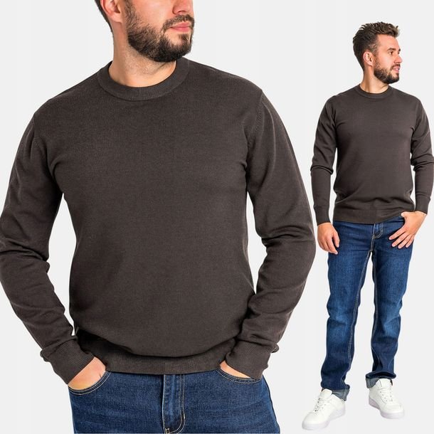 Sweter Męski Wiskoza Okrągły Dekolt Gładki Pullover Klasyczny Brązowy M