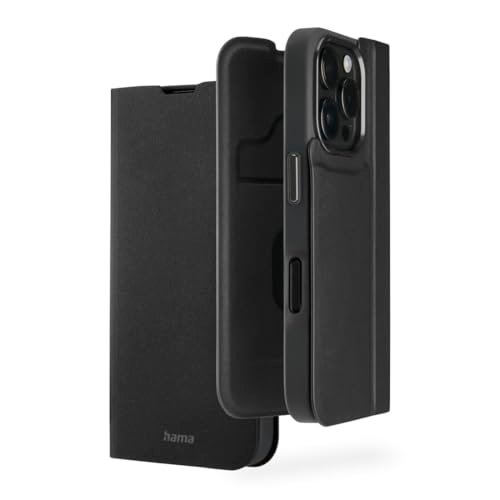 Hama Etui na telefon komórkowy iPhone 16 Pro (etui na telefon komórkowy, etui z przegródką na karty, sztuczna skóra, metalowe elementy, funkcja stojaka, dodatkowa ochrona wyświetlacza i aparatu, z