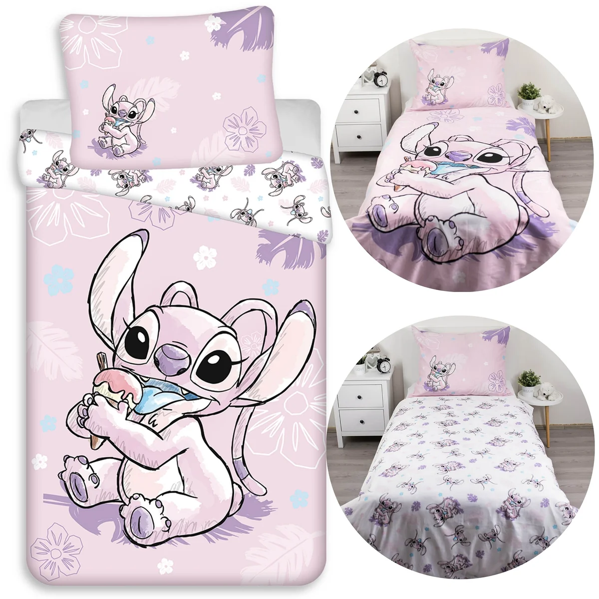 DISNEY Stitch Angel Różowa, DWUSTRONNA, bawełniana pościel dziecięca na zamek, 100% BAWEŁNA 140x200cm+70x90cm OEKO-TEX