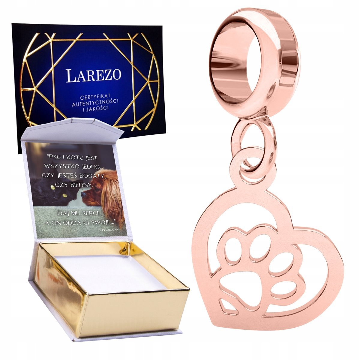 CHARMS POZŁACANY Serduszko z Psią Kocią Łapką Serce Łapa Psa Kota + NADRUK