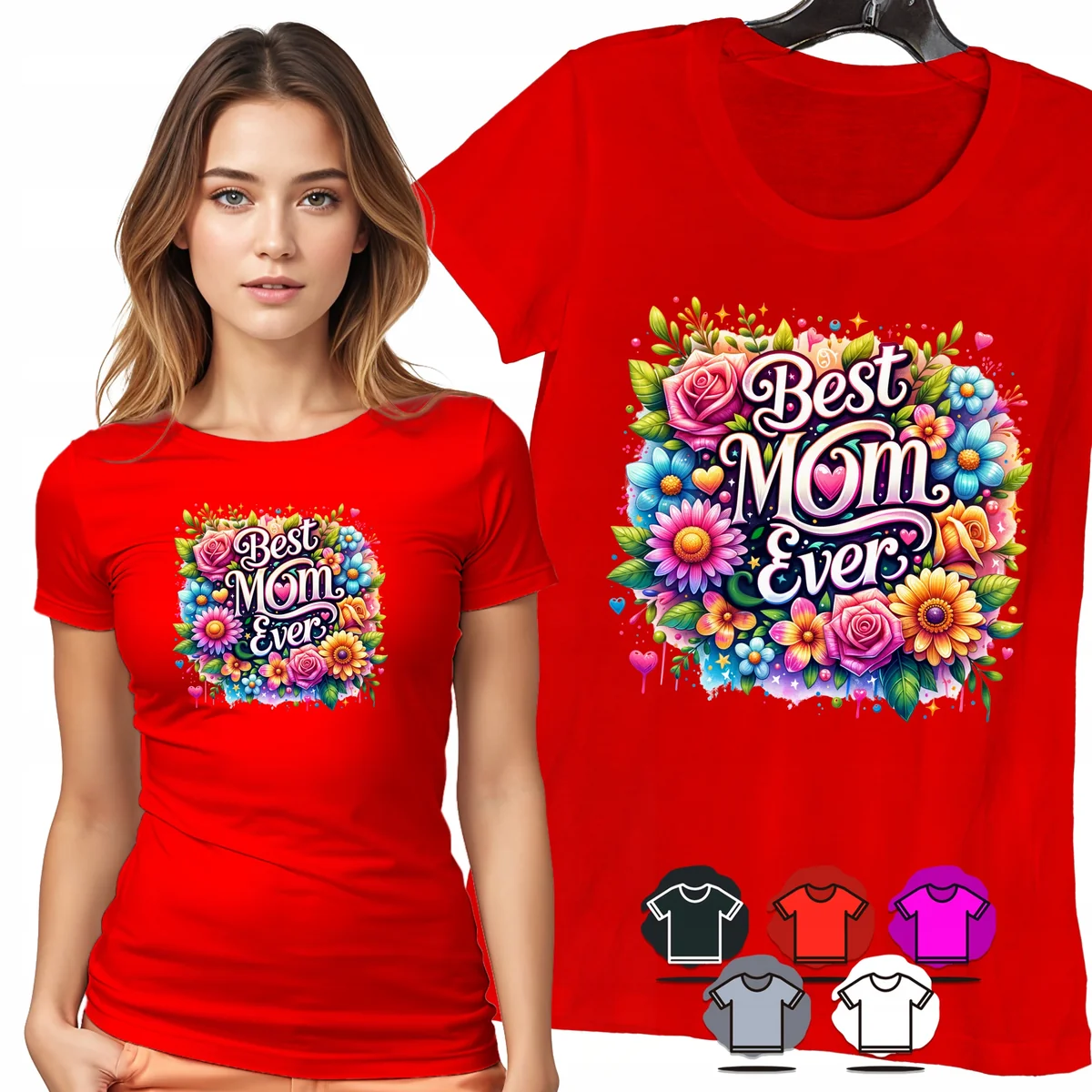 KOSZULKA DAMSKA T-SHIRT - BEST MOM EVER KWIATY RÓŻE PREZENT DAMSKI - XL