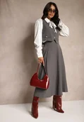 Komplety damskie - Szary 3- Częściowy Komplet Spódnica Kamizelka z Guzikami Koszula Ozdobiona Wiązaniem Avanessae - miniaturka - grafika 1