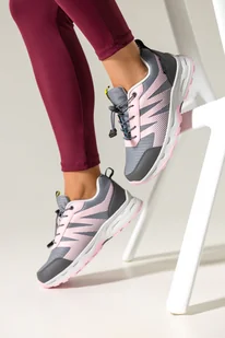 Szare buty sportowe trekkingowe damskie wodoodporne na żłobionej podeszwie z regulowaną elastyczną sznurówką różowe wstawki Casu 7590-2D - Buty trekkingowe damskie - miniaturka - grafika 1