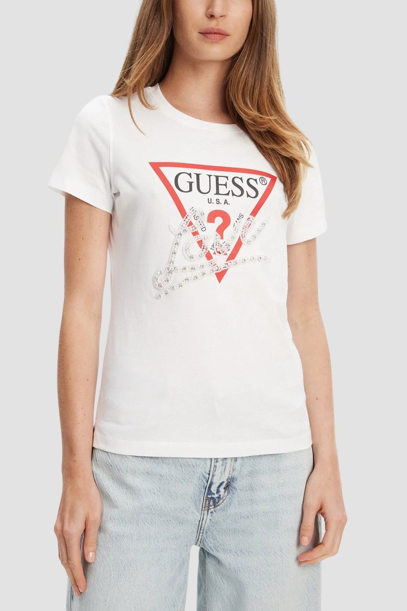 GUESS Biały damski t-shirt Pearls Love M