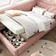 Sofy i kanapy - Sofa rozkładana z funkcją spania 90x200 cm - ze schowkiem - tkanina aksamitna - ze stelażem - różowa (bez materaca) - miniaturka - grafika 1