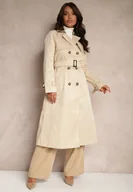 Płaszcze damskie - Jasnobeżowy Płaszcz w Stylu Trencza z Paskiem i Klamrą Sinthelle - miniaturka - grafika 1