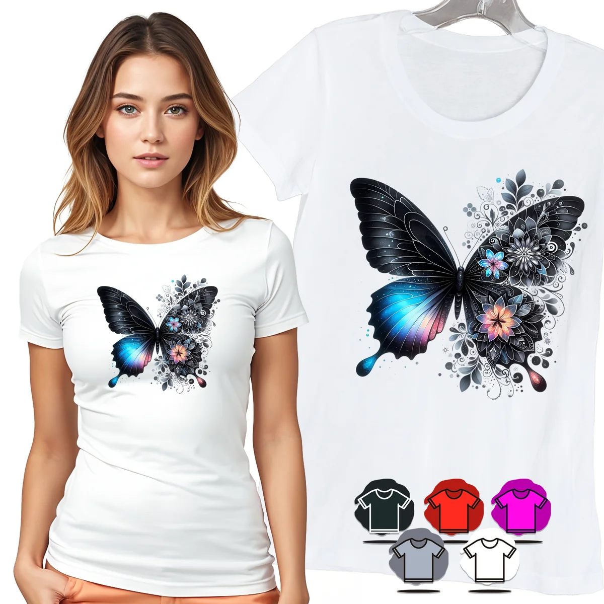 KOSZULKA DAMSKA T-SHIRT - MOTYL CZARNO NIEBIESKI KWIATY DAMSKI WZÓR - XXL