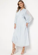 Sukienki - Jasnoniebieska Długa Sukienka Koktajlowa w Stylu Retro z Plisami i Stójką Leowia - miniaturka - grafika 1