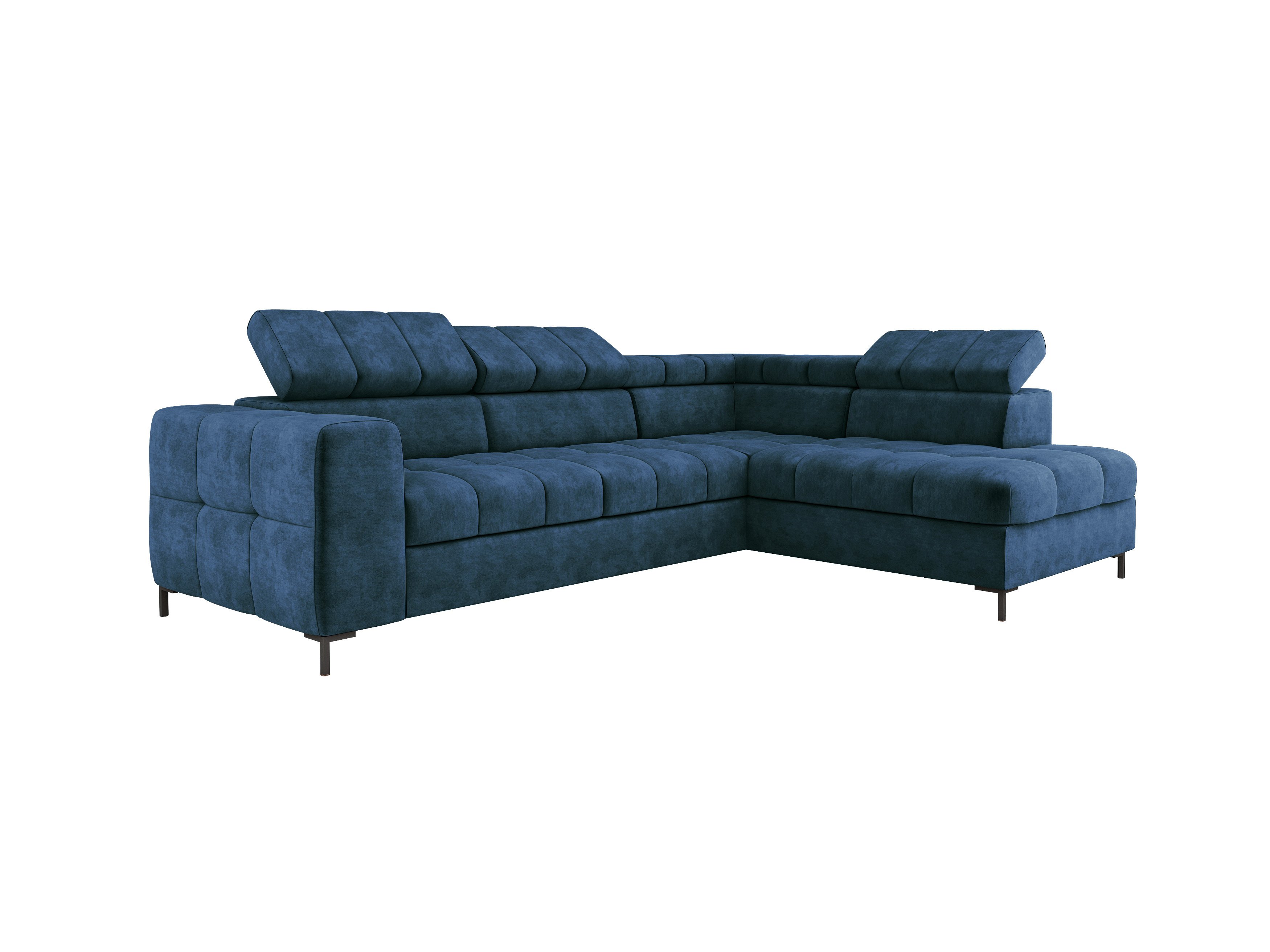 Nowoczesna sofa narożna PABLO 279x201 cm, rozkładana Z regulowanymi zagłówkami, pojemnikiem na pościel, solidnymi metalowymi nóżkami, wysokiej jakości tkaniną CLOUD W różnych kolorach, kolor NIEBIESKI