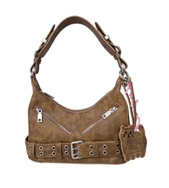 Desigual brązowa torebka hobo z nitami i długim paskiem