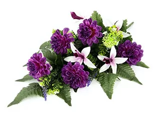 Ozdoba nagrobna ze sztucznymi daliami i orchideami, nakładka na grób, sztuczne kwiaty, dekoracja nagrobna, kompozycja cmentarna, aranżacja kwiatów, bieżnik stołowy, jedwabne kwiaty, dekoracja - Sztuczne kwiaty - miniaturka - grafika 1