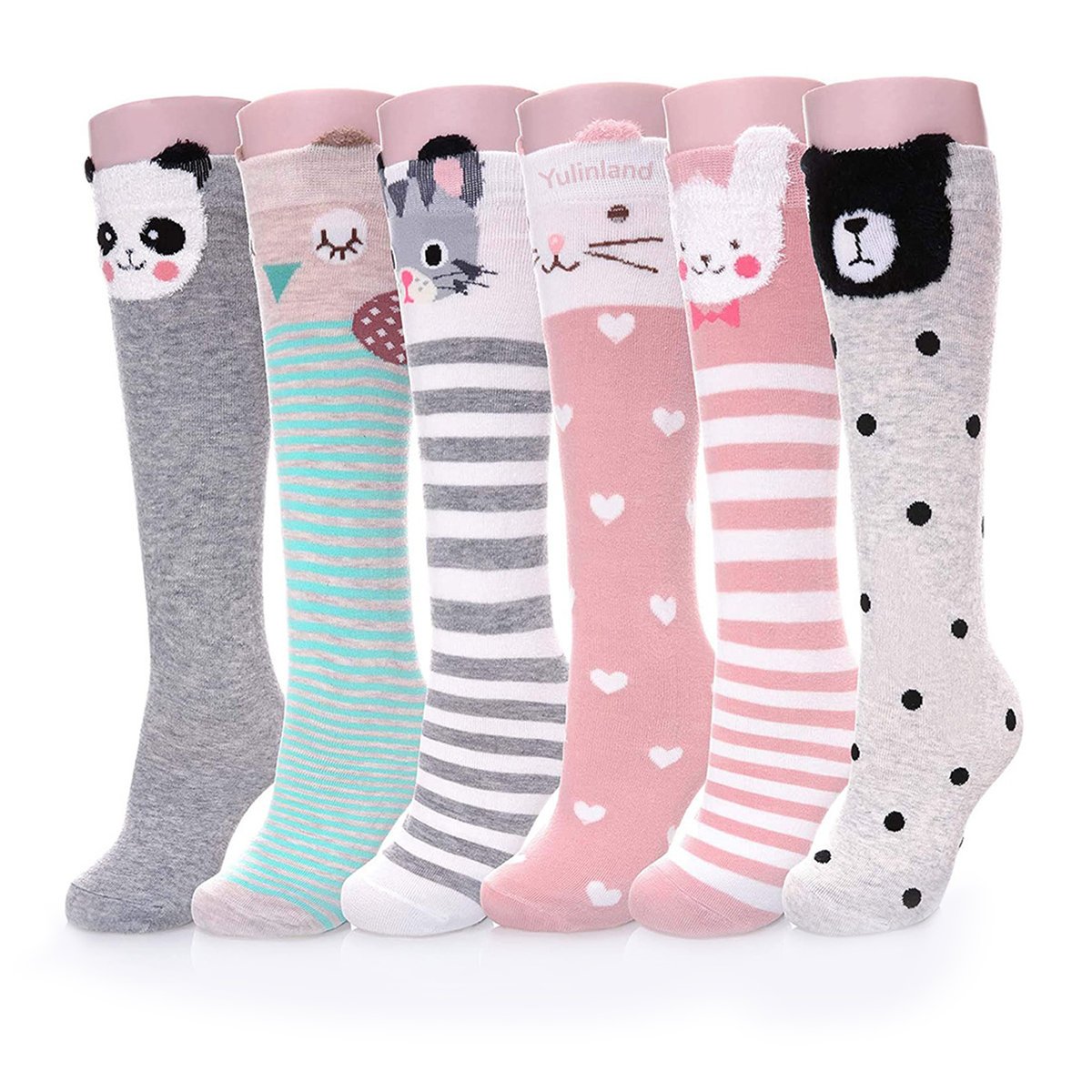 6 par dziewczęcych podkolanówek - kolorowe kreskówkowe wzornictwo ciepłe bawełniane podkolanówki buty do połowy łydki zabawne skarpety do szkoły dzi..