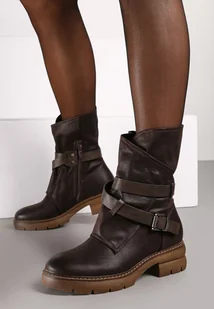 Brązowe Botki na Płaskiej Podeszwie z Asymetryczną Cholewką Zdobioną paskami z Klamrami Felzina - Botki damskie - miniaturka - grafika 1