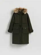 Płaszcze damskie - Reserved - Długa kurtka z kapturem - zielony - miniaturka - grafika 1