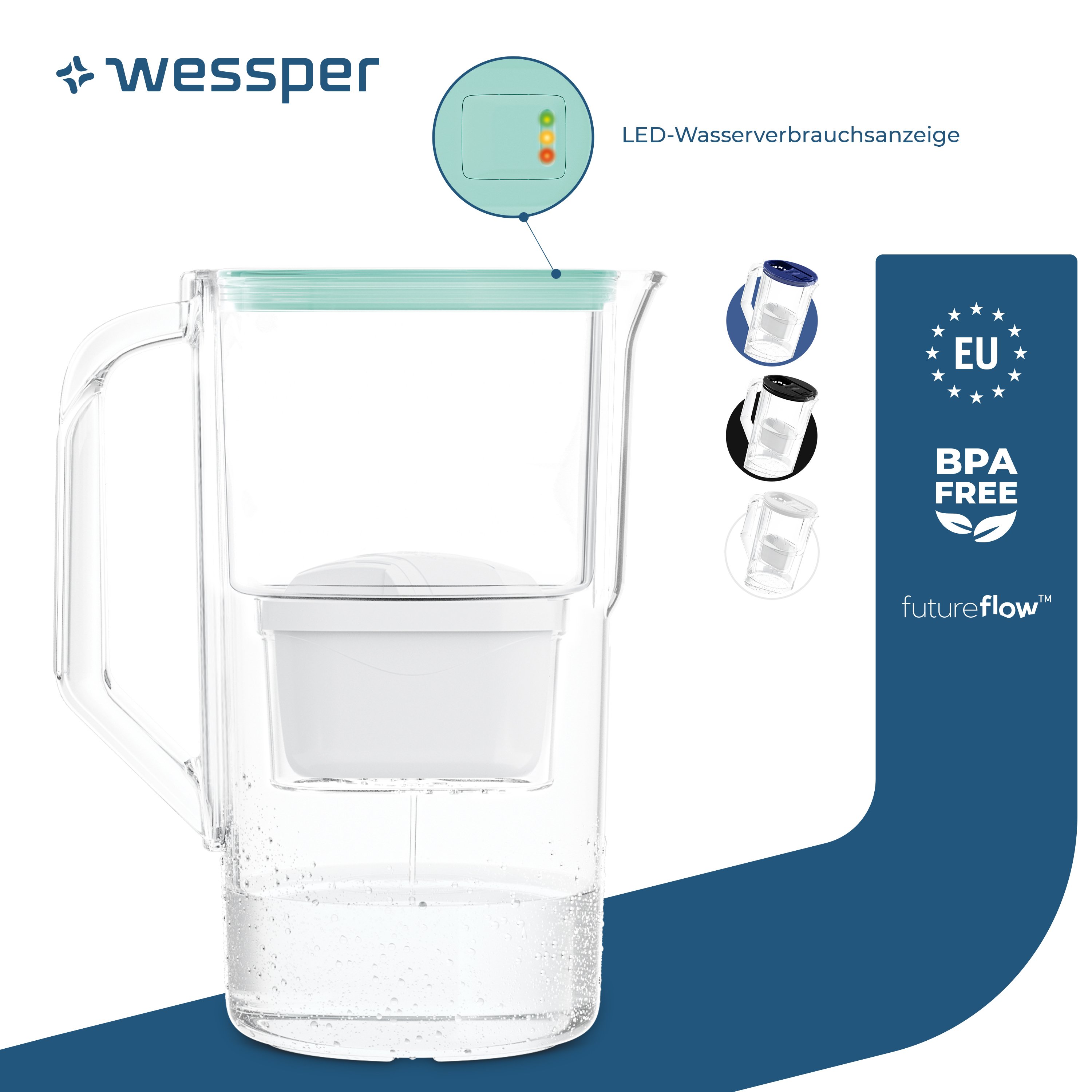Dzbanek filtrujący wodę Wessper 2,8 l z licznikiem LED Kompatybilny z Brita Maxtra Zestaw 1 dzbanek filtrujący wodę + wkład filtrujący wodę - Miętowy