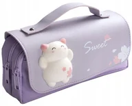 Piórniki - Piórnik szkolny trzykomorowy szkoła saszetka kotek 3D Fiolet suwak rzep - miniaturka - grafika 1