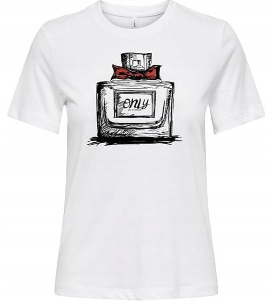 ONLY BIAŁY T-SHIRT Z NADRUKIEM BUTELKI PERFUM I CZERWONĄ KOKARDĄ S JPA