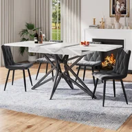 Stoły z krzesłami - Zestaw rozkładany stół + 4 krzesła jadalniane z aksamitu - 120/160 x 80 x 66,1 cm - nogi z płyty MDF i metalu - biały + ciemnoszary - miniaturka - grafika 1