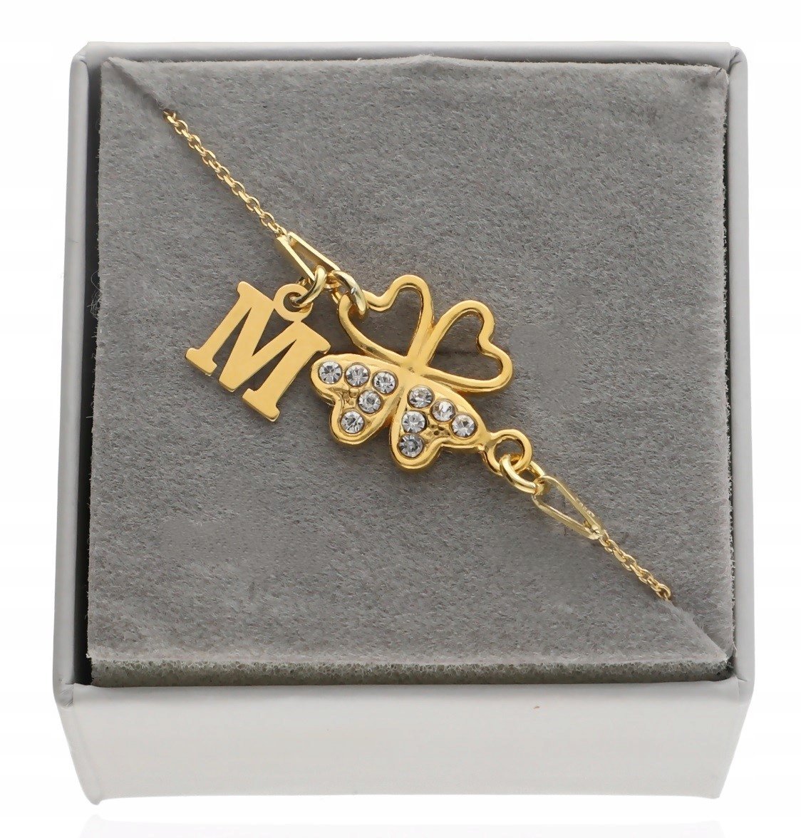 Złota bransoletka z koniczynką koniczynka DOWOLNA LITERKA PUDEŁKO SREBRO925