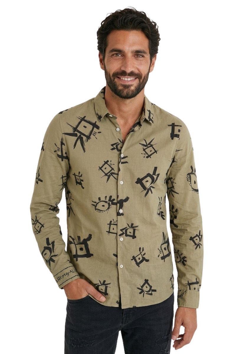 Koszula męska Desigual Ojos khaki z nadrukiem etnicznym -S