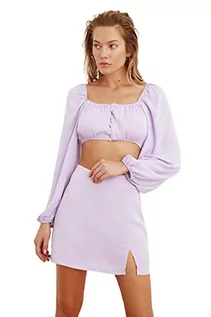 Koszulki i topy damskie - TRENDYOL Damska wiskoza guzikowa Botto-Top Skirt Set, liliowy, 40 - grafika 1