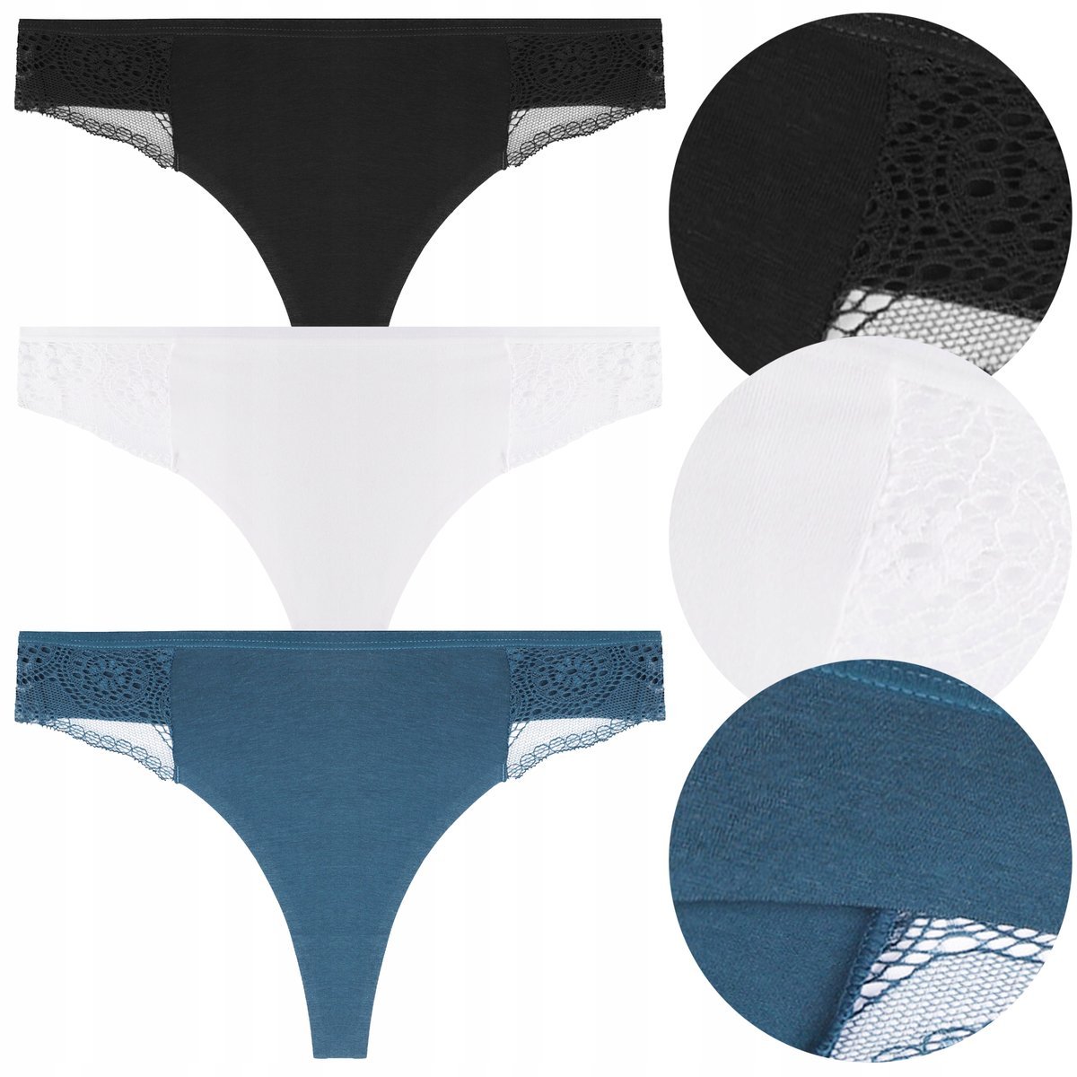 MAJTKI DAMSKIE Stringi z koronką Bawełniane Kobiece MORAJ 3-Pak r. L