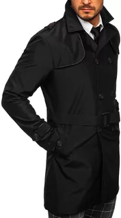 Płaszcze męskie - Czarny dwurzędowy płaszcz męski prochowiec z wysokim kołnierzem i paskiem Denley 0001 - grafika 1