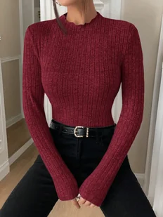 Prążkowany golf damski z długim rękawem - Bordowy - Bluzki damskie - miniaturka - grafika 1