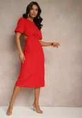 Sukienki - Czerwona Dopasowana Sukienka Zdobiona Marszczeniem i Wycięciem w Pasie Desariel - miniaturka - grafika 1
