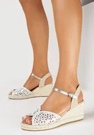 Sandały damskie - Srebrne Ażurowe Sandały na Koturnie z Plecionki ze Sprzączką Quilira - miniaturka - grafika 1