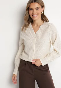 Jasnobeżowa Koszula Ażurowa z Bawełny Marilon - Koszule damskie - miniaturka - grafika 1