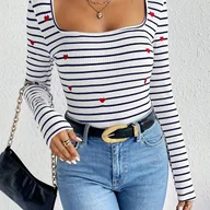 Swetry damskie - TEMU Damska koszulka w stylu francuskim z haftowanym sercem i kwadratowym dekoltem w paski - luźna bluzka z długim rękawem w czerwono-paski, miękki i - miniaturka - grafika 1