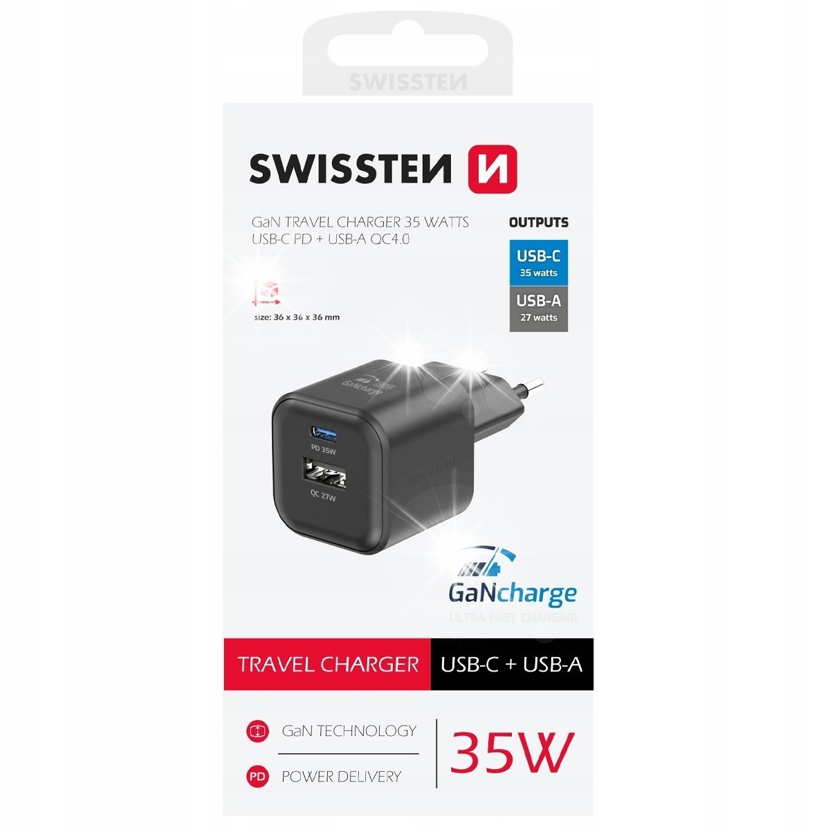 SZYBKA ŁADOWARKA SIECIOWA GaN 1x USB-C 35W PD + 1x USB-A 27W QC Swissten