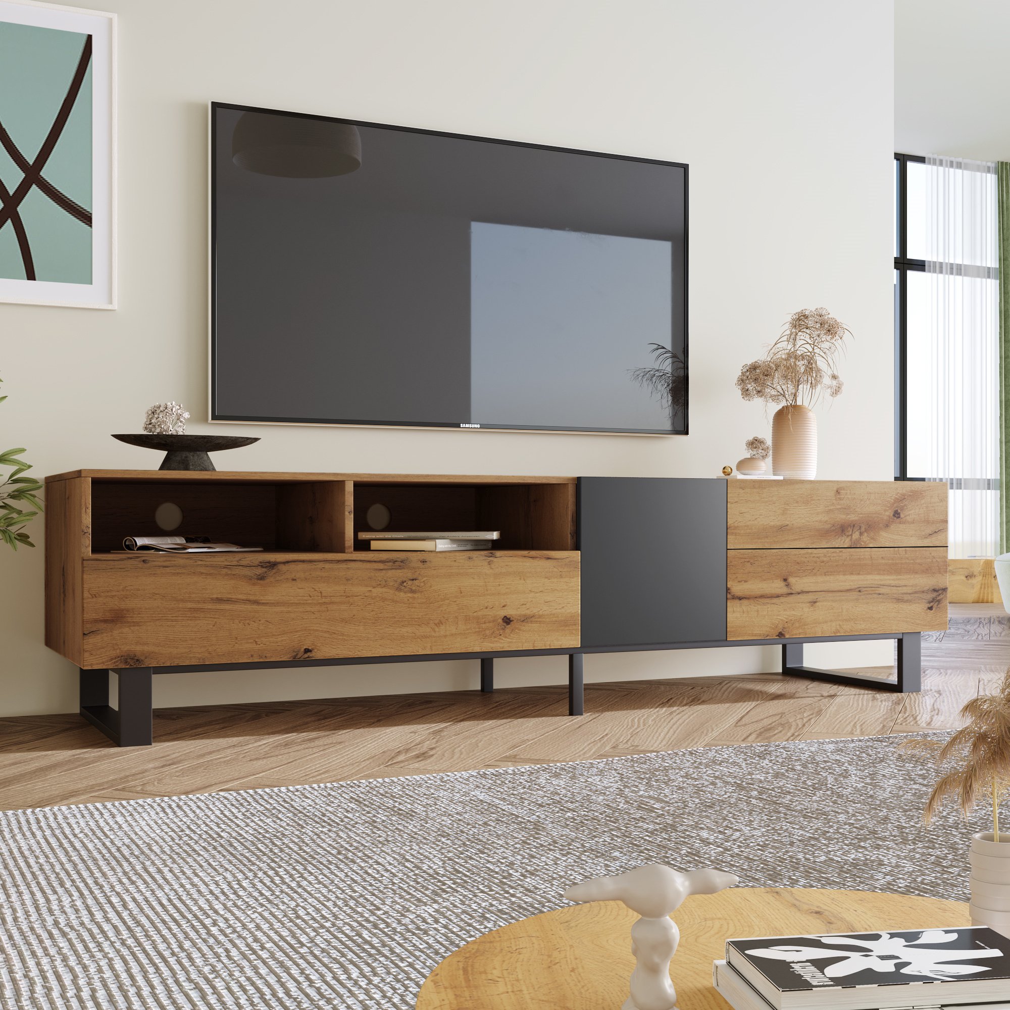 Merax szafka pod TV z półkami, matowy stolik pod TV stolik pod TV z drewna, 50x38x180cm, dąb
