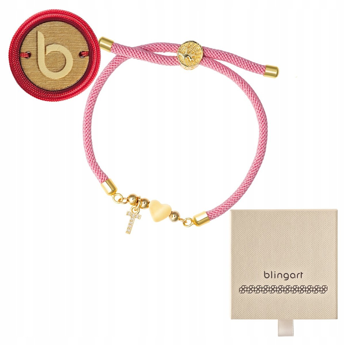 Bransoletka sznurkowa LITERKI serduszko RÓŻOWA regulowana LITERA BLINGART