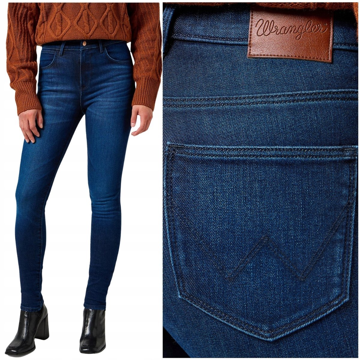 Wrangler HIGH SKINNY wysokie ciemne damskie spodnie jeansowe rurki W28 L34