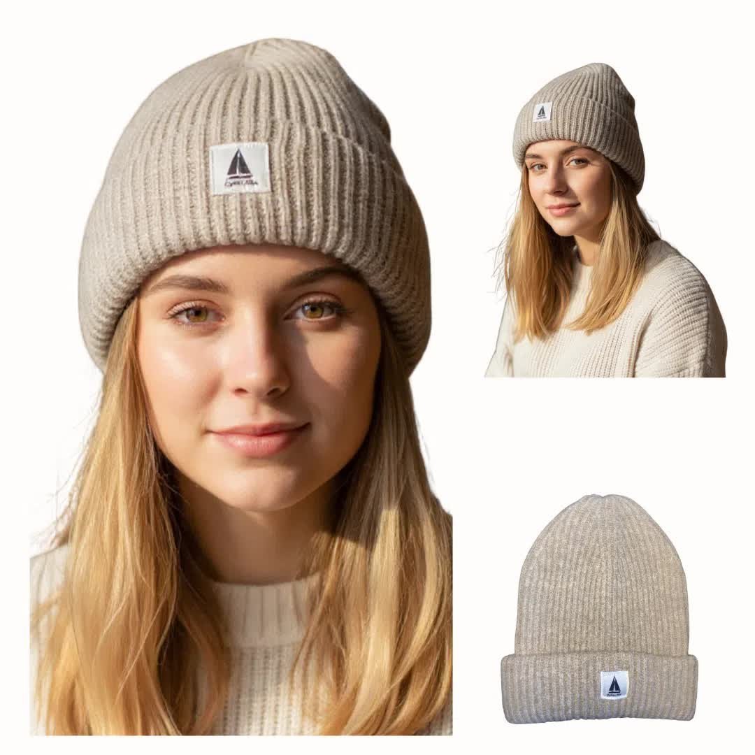 Ciepła czapka zimowa beżowa beanie dzianinowa Captain Mike