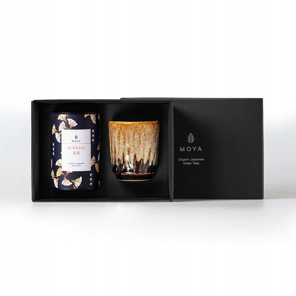 Zestaw prezentowy organiczna zielona herbata Moya Kukicha i kubek Kanpai