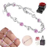 Bransoletki - SREBRNA BRANSOLETKA DAMSKA SERCE CYRKONIA RÓŻOWA 18-22cm REGULOWANA - miniaturka - grafika 1