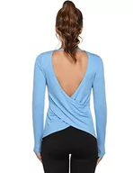 Koszulki i topy damskie - Sykooria T-shirt damski, koszulka sportowa, bez pleców, długi rękaw, koszulka treningowa, szybkoschnąca, elastyczna, do jogi, na siłownię, niebieski, M - miniaturka - grafika 1