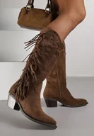 Kozaki damskie - Brązowe Kozaki Typu Kowbojki na Stożkowym Obcasie z Frędzlami Reissana - miniaturka - grafika 1