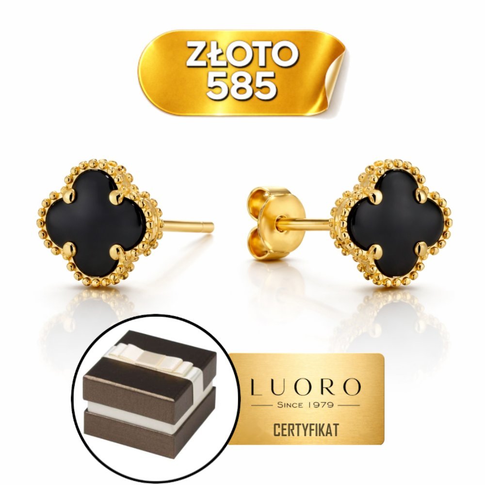 Kolczyki złote 585 14K koniczynki onyks 11,5 MM sztyft eleganckie luksus