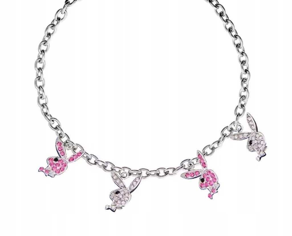 Naszyjnik Łańcuszek Króliczek Playboy z Diamencikami Króliczki Srebrny Y2K