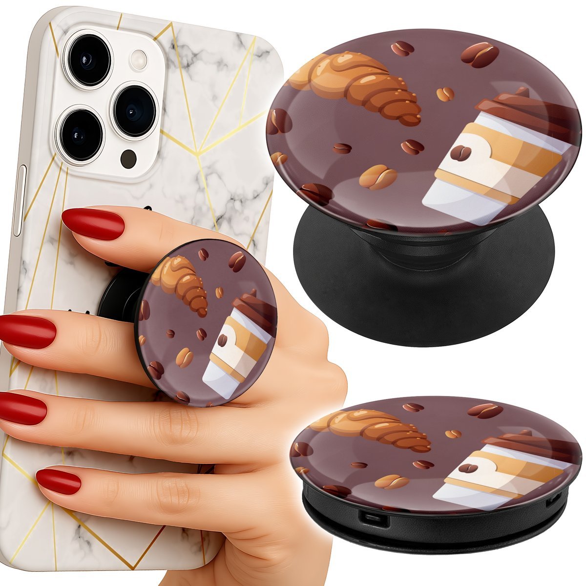 Uchwyt do telefonu Popsocket na palce/stojak KAWA ROGALIK ZIARNA
