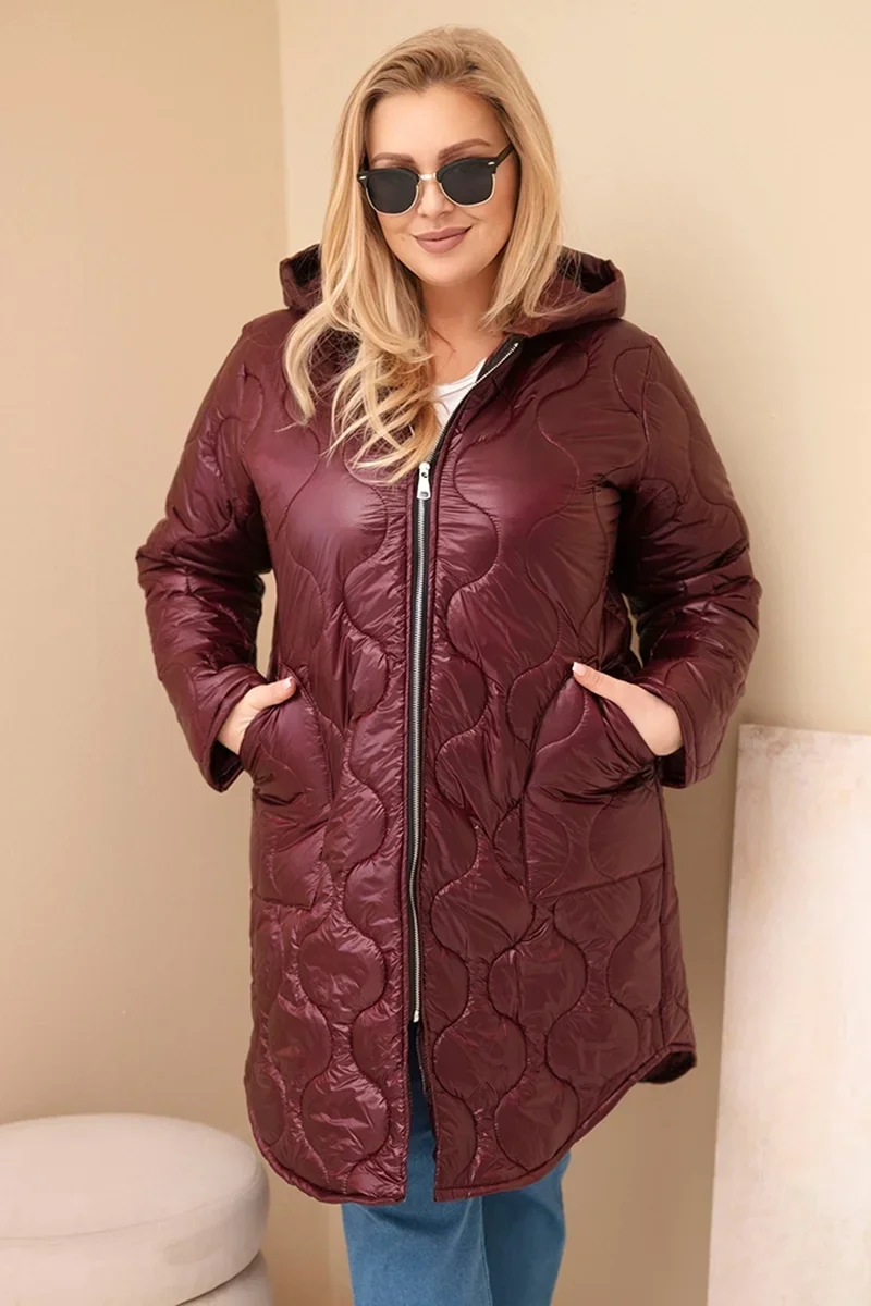Kurtka damska Plus Size zimowa pikowana z kapturem śliwkowa Śliwkowy