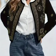 Kurtki damskie - TEMU Damski Żakiet z Aksamitu z Haftem, Dwuwarstwowy Płaszcz - Czarny z Złotym Kołnierzem, Asymetryczny Jednorzędowy Płaszcz, Pranie w Praniu - miniaturka - grafika 1