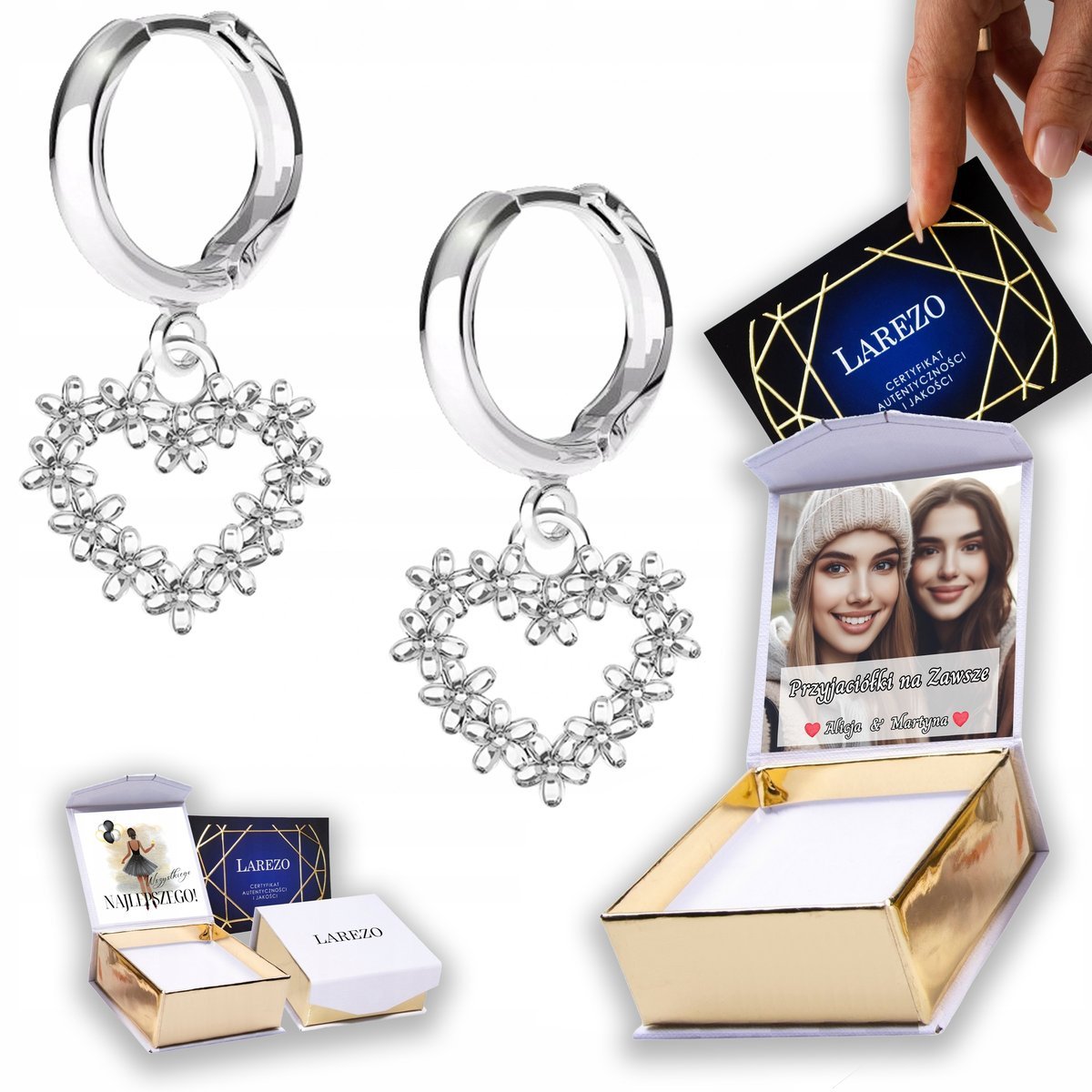 Kolczyki Srebrne 925 Serce z Kwiatami Serduszko Kwiaty Kwiatki Łąka NADRUK