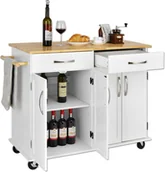Wózki kuchenne - KOMFOTTEU wózek kuchenny wyspa kuchenna z blatem, wózek do serwowania z drewna z blokowanymi kółkami, (biały) - miniaturka - grafika 1